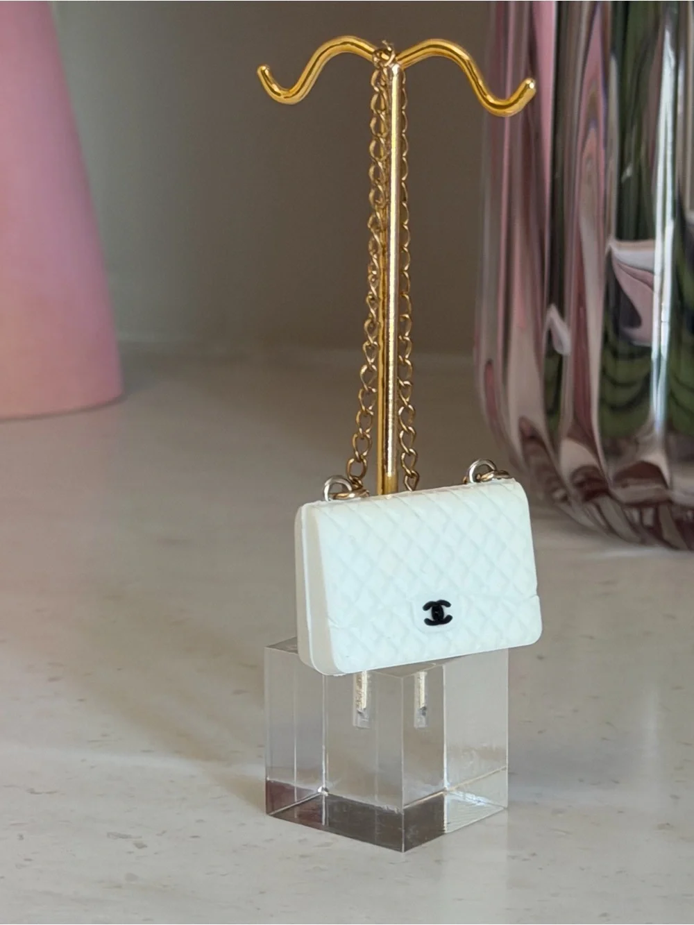 White Quilted CC Chain mini Shoulder Bag Charm Gold Hardware
